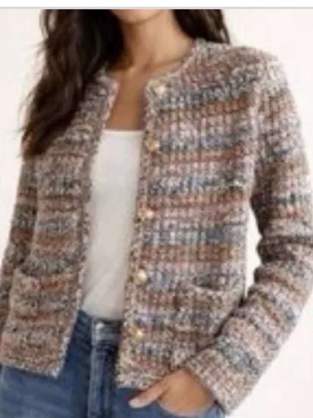 House of Harlow 1960 Multitone Knit Cardigan in Beige, Blue & Brown